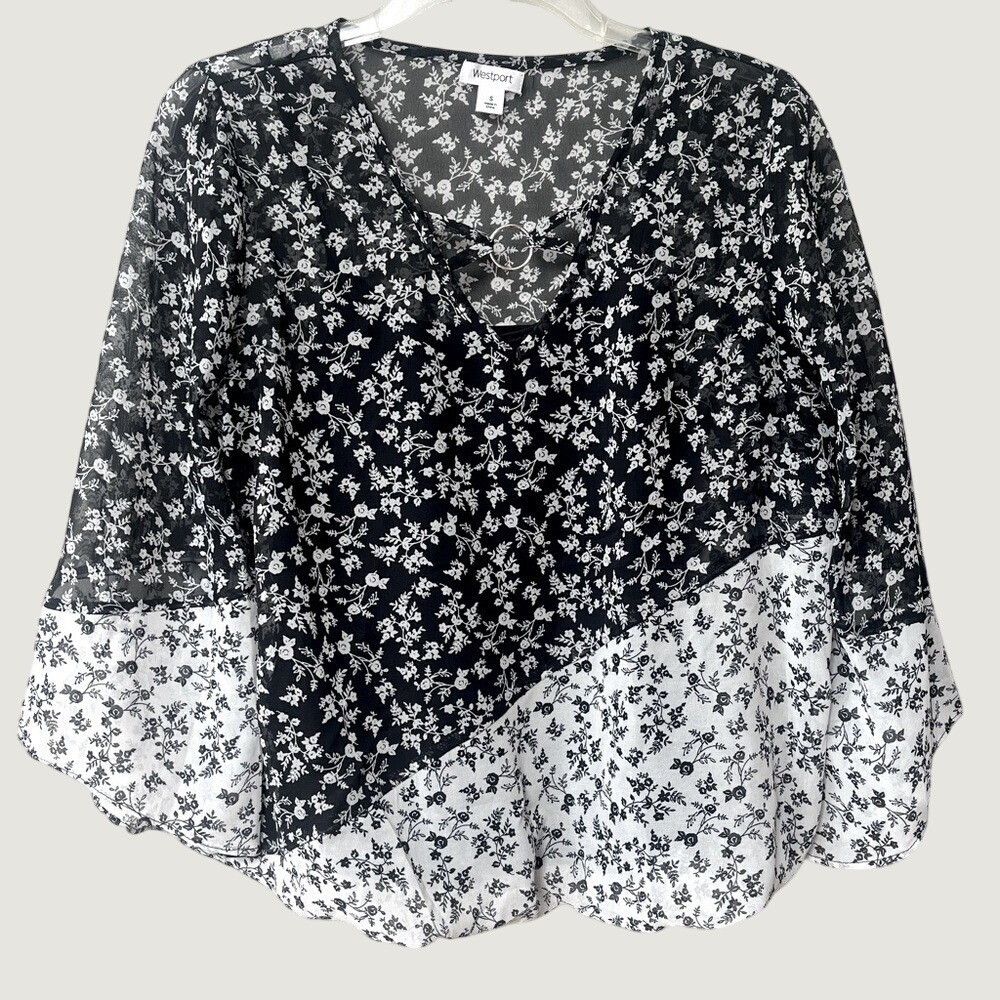 Westport Womens Black White Floral Chiffon Bell Sleeve Ring V Neck Blouse Small